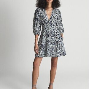 Reiss Puff Sleeve Print Mini Dress in Blue Print